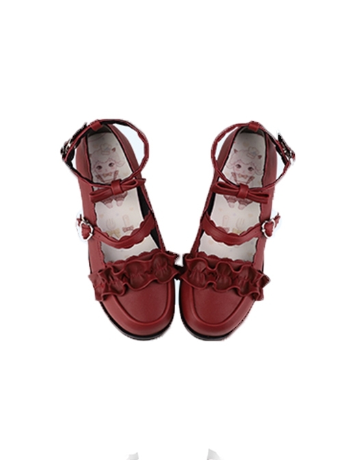 Merulu Series Versatile Lace Ruffles Bowknot Heart Metal Buckle Sweet Lolita Cute Round Toe Mary Jane Leather Shoes