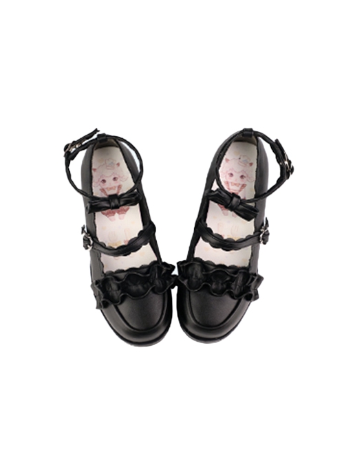 Merulu Series Versatile Lace Ruffles Bowknot Heart Metal Buckle Sweet Lolita Cute Round Toe Mary Jane Leather Shoes