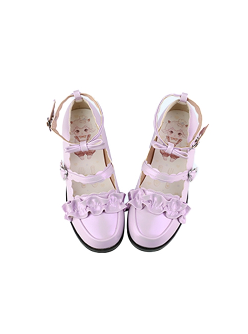 Merulu Series Versatile Lace Ruffles Bowknot Heart Metal Buckle Sweet Lolita Cute Round Toe Mary Jane Leather Shoes