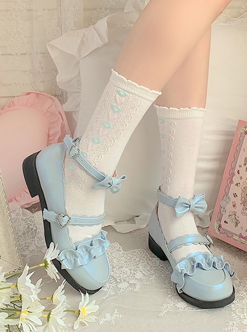 Merulu Series Versatile Lace Ruffles Bowknot Heart Metal Buckle Sweet Lolita Cute Round Toe Mary Jane Leather Shoes