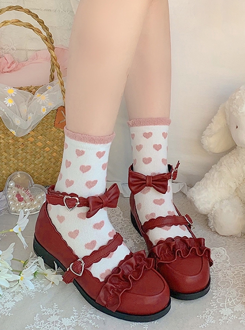 Merulu Series Versatile Lace Ruffles Bowknot Heart Metal Buckle Sweet Lolita Cute Round Toe Mary Jane Leather Shoes