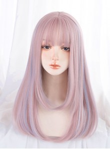 Fashionable Dreamy Sakura Pink Light Blue Gentle Highlights Flat Bangs Long Straight Hair Sweet Lolita Full Head Wig