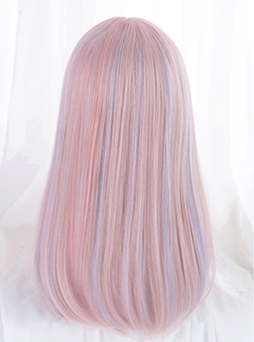 Fashionable Dreamy Sakura Pink Light Blue Gentle Highlights Flat Bangs Long Straight Hair Sweet Lolita Full Head Wig