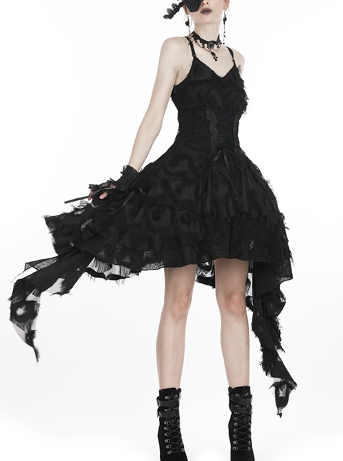 Gothic Style Retro Gorgeous Feather Lace Waist Slim Fit Side Long Hem Black Suspender Dress