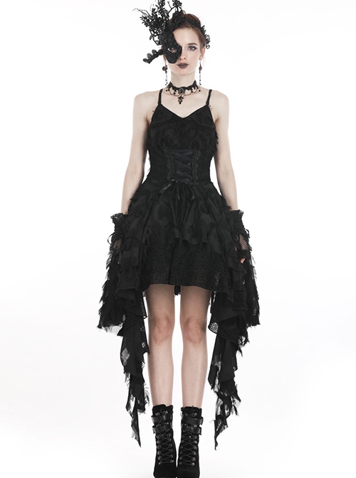 Gothic Style Retro Gorgeous Feather Lace Waist Slim Fit Side Long Hem Black Suspender Dress