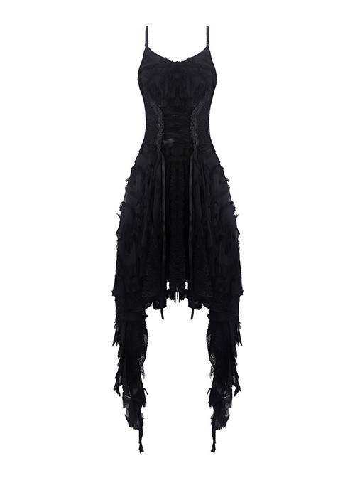 Gothic Style Retro Gorgeous Feather Lace Waist Slim Fit Side Long Hem Black Suspender Dress