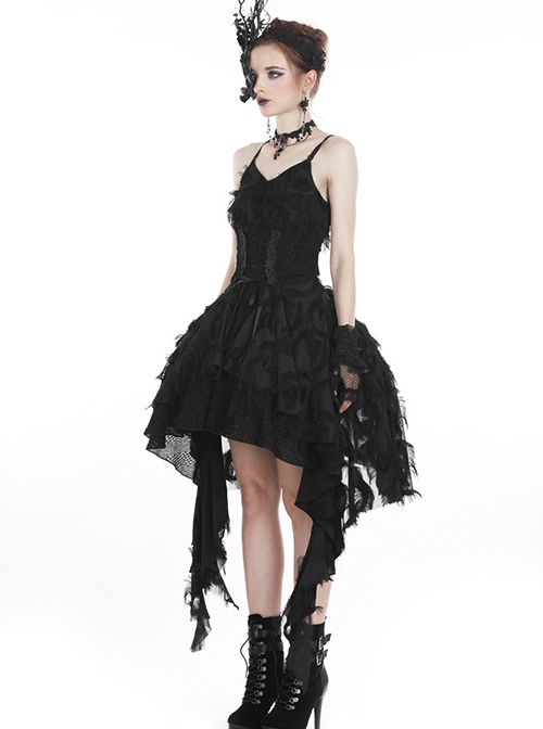 Gothic Style Retro Gorgeous Feather Lace Waist Slim Fit Side Long Hem Black Suspender Dress