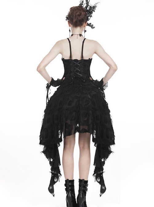 Gothic Style Retro Gorgeous Feather Lace Waist Slim Fit Side Long Hem Black Suspender Dress