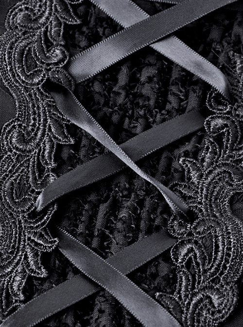 Gothic Style Retro Gorgeous Feather Lace Waist Slim Fit Side Long Hem Black Suspender Dress