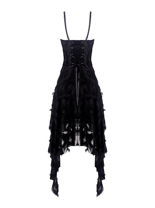 Gothic Style Retro Gorgeous Feather Lace Waist Slim Fit Side Long Hem Black Suspender Dress