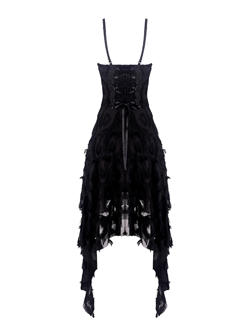 Gothic Style Retro Gorgeous Feather Lace Waist Slim Fit Side Long Hem Black Suspender Dress