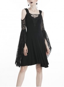 Gothic Style Elegant Lace Embroidered Large Cuffs Strapless Black Suspender Slim Short Dress