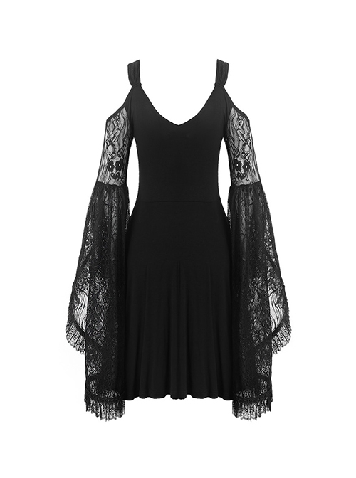 Gothic Style Elegant Lace Embroidered Large Cuffs Strapless Black Suspender Slim Short Dress