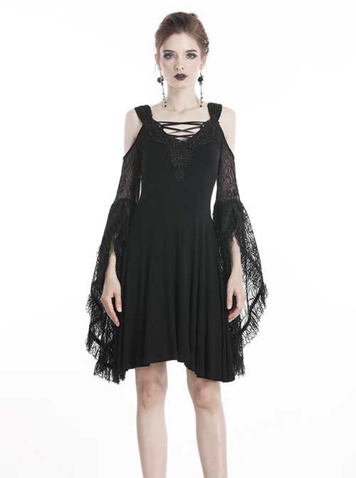 Gothic Style Elegant Lace Embroidered Large Cuffs Strapless Black Suspender Slim Short Dress