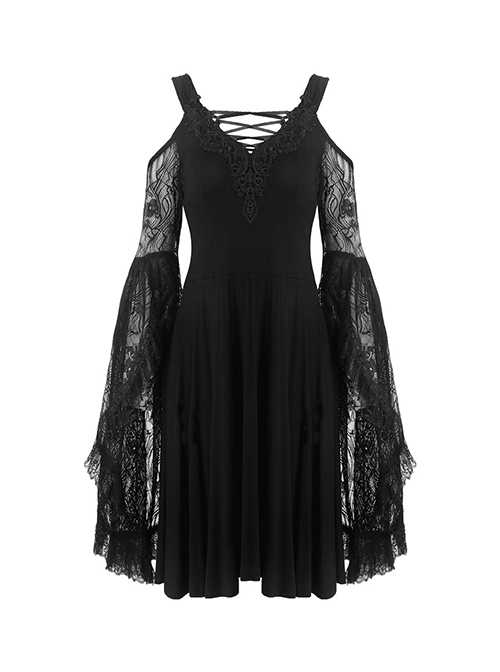 Gothic Style Elegant Lace Embroidered Large Cuffs Strapless Black Suspender Slim Short Dress