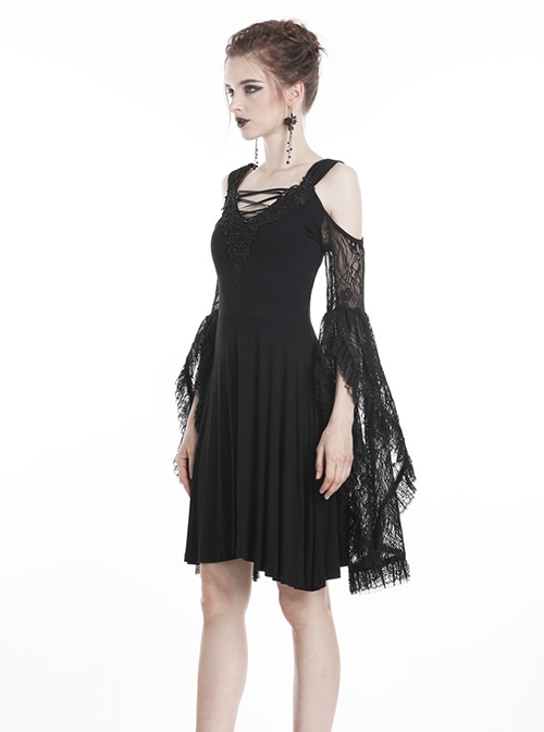 Gothic Style Elegant Lace Embroidered Large Cuffs Strapless Black Suspender Slim Short Dress