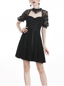 Gothic Style Retro Elegant Lace Mesh Sleeves Chest Straps Backless Black Halter Neck Short Dress