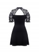 Gothic Style Retro Elegant Lace Mesh Sleeves Chest Straps Backless Black Halter Neck Short Dress