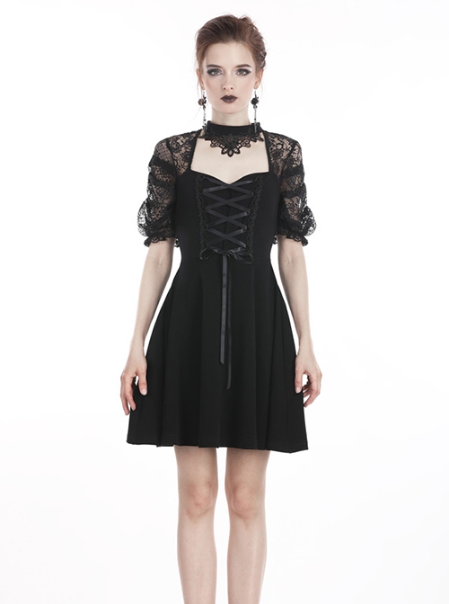 Gothic Style Retro Elegant Lace Mesh Sleeves Chest Straps Backless Black Halter Neck Short Dress