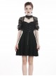 Gothic Style Retro Elegant Lace Mesh Sleeves Chest Straps Backless Black Halter Neck Short Dress