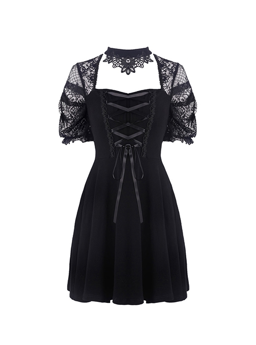 Gothic Style Retro Elegant Lace Mesh Sleeves Chest Straps Backless Black Halter Neck Short Dress