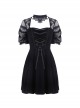 Gothic Style Retro Elegant Lace Mesh Sleeves Chest Straps Backless Black Halter Neck Short Dress