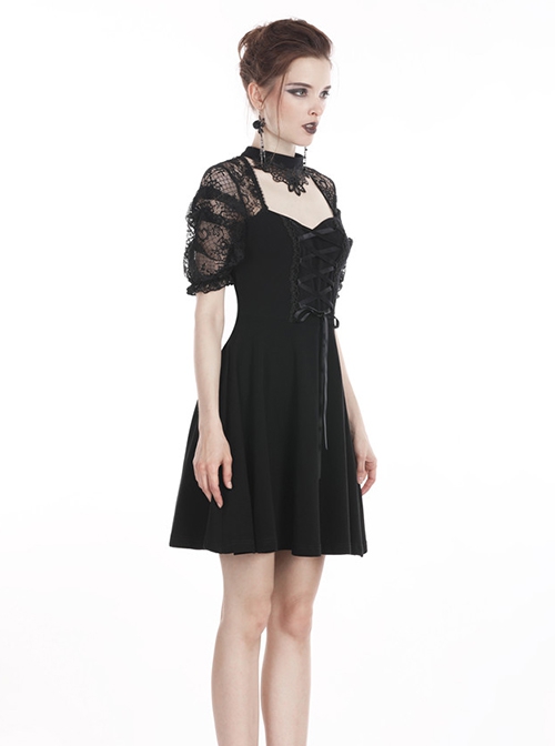 Gothic Style Retro Elegant Lace Mesh Sleeves Chest Straps Backless Black Halter Neck Short Dress