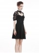 Gothic Style Retro Elegant Lace Mesh Sleeves Chest Straps Backless Black Halter Neck Short Dress