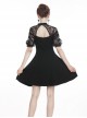 Gothic Style Retro Elegant Lace Mesh Sleeves Chest Straps Backless Black Halter Neck Short Dress