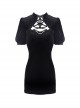 Gothic Style Velvet Stand-Up Collar Puff Sleeves Hollow Chest Retro Cheongsam Elegant Black Slim Fit Dress