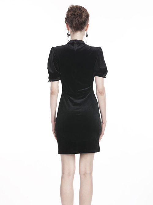 Gothic Style Velvet Stand-Up Collar Puff Sleeves Hollow Chest Retro Cheongsam Elegant Black Slim Fit Dress