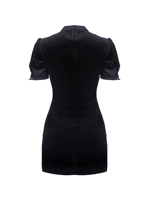 Gothic Style Velvet Stand-Up Collar Puff Sleeves Hollow Chest Retro Cheongsam Elegant Black Slim Fit Dress