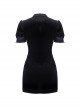 Gothic Style Velvet Stand-Up Collar Puff Sleeves Hollow Chest Retro Cheongsam Elegant Black Slim Fit Dress