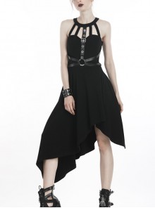 Punk Style Cool Leather Strap Metal Decoration Personalized Asymmetric Hem Black Halterneck Dress