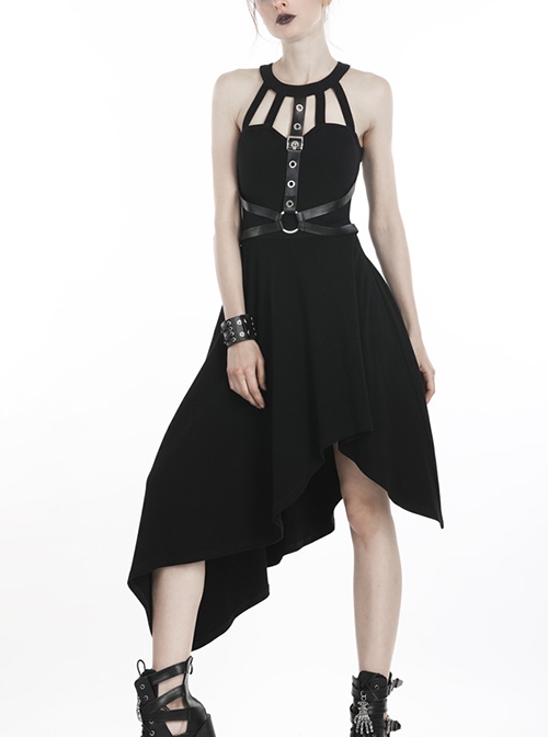 Punk Style Cool Leather Strap Metal Decoration Personalized Asymmetric Hem Black Halterneck Dress