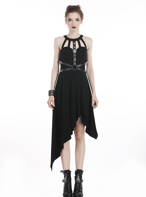 Punk Style Cool Leather Strap Metal Decoration Personalized Asymmetric Hem Black Halterneck Dress