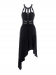 Punk Style Cool Leather Strap Metal Decoration Personalized Asymmetric Hem Black Halterneck Dress