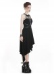 Punk Style Cool Leather Strap Metal Decoration Personalized Asymmetric Hem Black Halterneck Dress