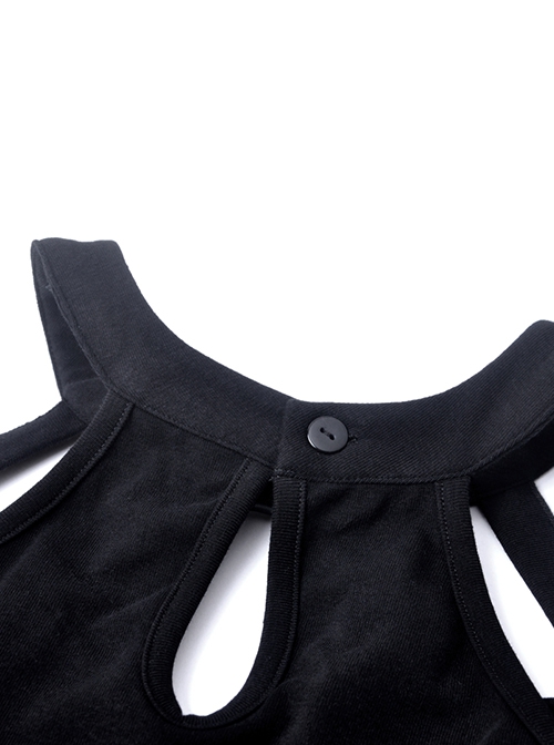 Punk Style Cool Leather Strap Metal Decoration Personalized Asymmetric Hem Black Halterneck Dress