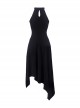 Punk Style Cool Leather Strap Metal Decoration Personalized Asymmetric Hem Black Halterneck Dress