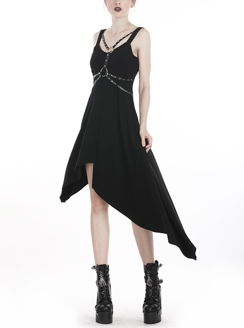 Punk Style Cool Metal Rivet Leather Strap Decoration Sexy Asymmetrical Black Suspender Long Dress