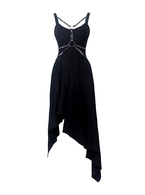 Punk Style Cool Metal Rivet Leather Strap Decoration Sexy Asymmetrical Black Suspender Long Dress