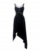Punk Style Cool Metal Rivet Leather Strap Decoration Sexy Asymmetrical Black Suspender Long Dress