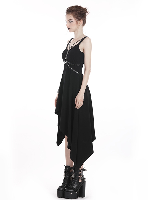 Punk Style Cool Metal Rivet Leather Strap Decoration Sexy Asymmetrical Black Suspender Long Dress