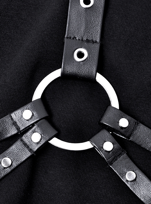Punk Style Cool Metal Rivet Leather Strap Decoration Sexy Asymmetrical Black Suspender Long Dress