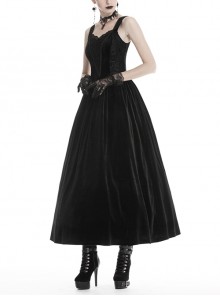 Gothic Style Luxury Lace Embroidery Elegant Slim Retro Velvet Black Sleeveless Suspender Dress