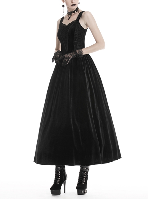 Gothic Style Luxury Lace Embroidery Elegant Slim Retro Velvet Black Sleeveless Suspender Dress