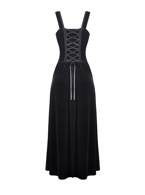 Gothic Style Luxury Lace Embroidery Elegant Slim Retro Velvet Black Sleeveless Suspender Dress