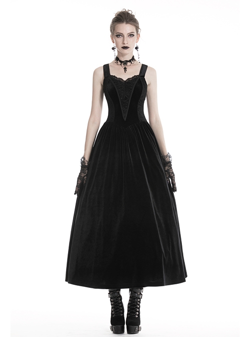 Gothic Style Luxury Lace Embroidery Elegant Slim Retro Velvet Black Sleeveless Suspender Dress