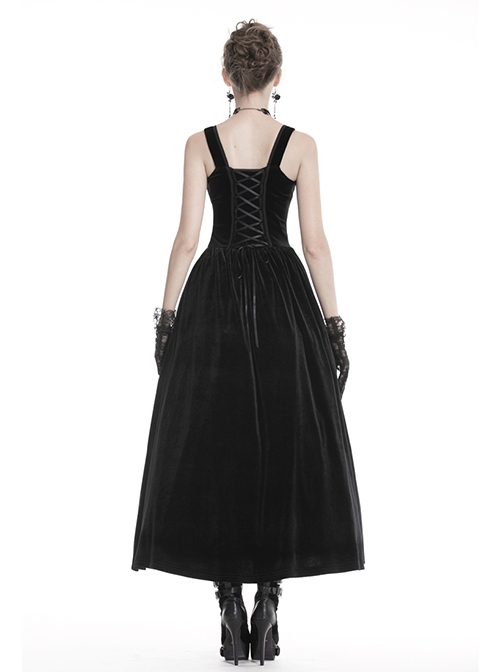 Gothic Style Luxury Lace Embroidery Elegant Slim Retro Velvet Black Sleeveless Suspender Dress